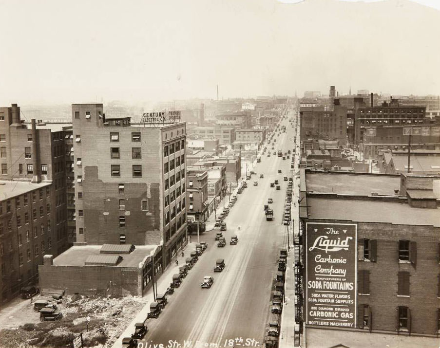 View of Olive St. looking west from 18th St. with the Century Electric Co. works building visible on the south side, 1930