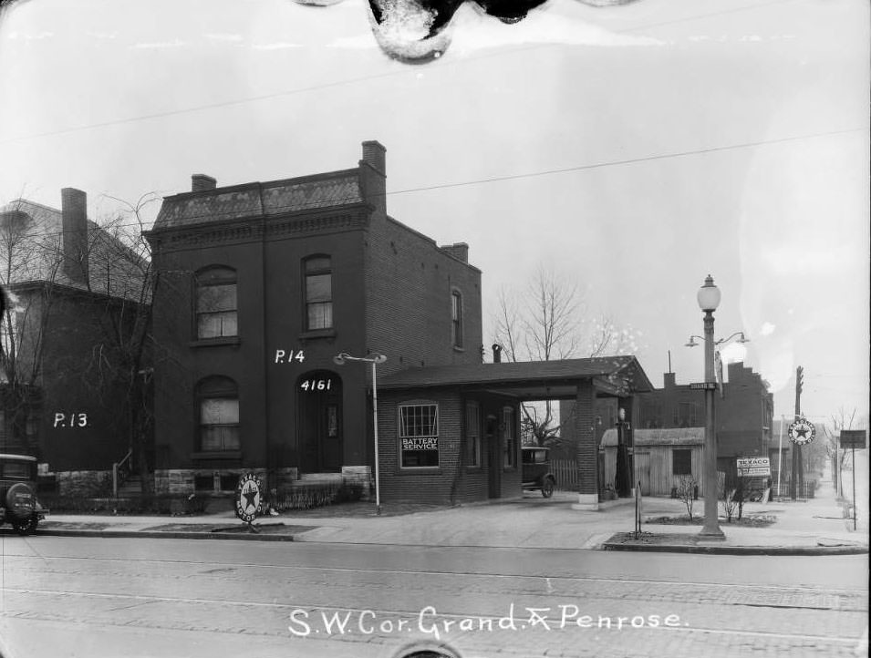 N. Grand and Penrose, 1930 - View of southwest corner of Grand and Penrose. Walker Brothers auto repair garage.