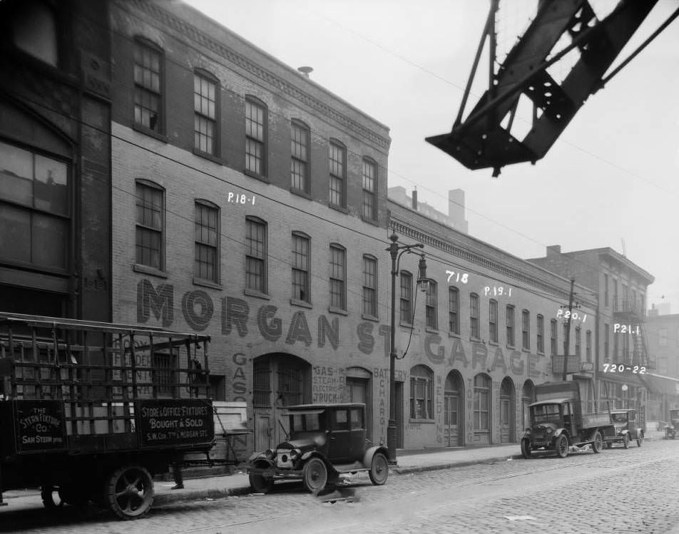 Morgan Street Garage, 1930 - 718, 720 - 722 Morgan Street. Large building painted: Morgan Street Garage.