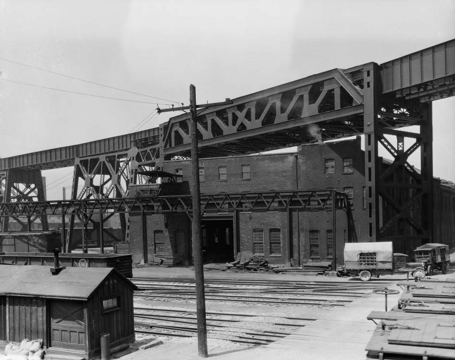 View west at the railroad overpass at South Main St, First St. and Chouteau Ave, 1930