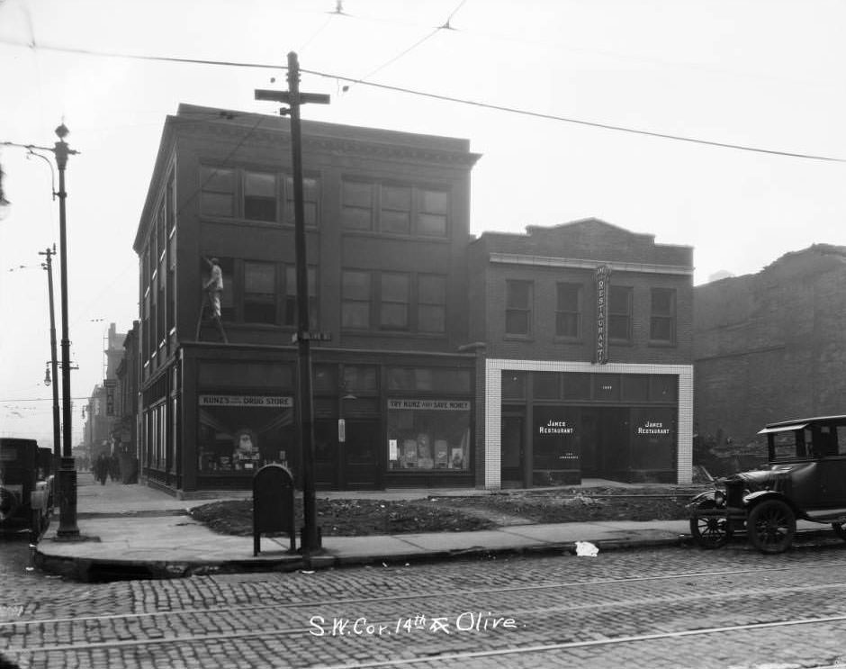 View of southwest corner of 14th and Olive St, 1930