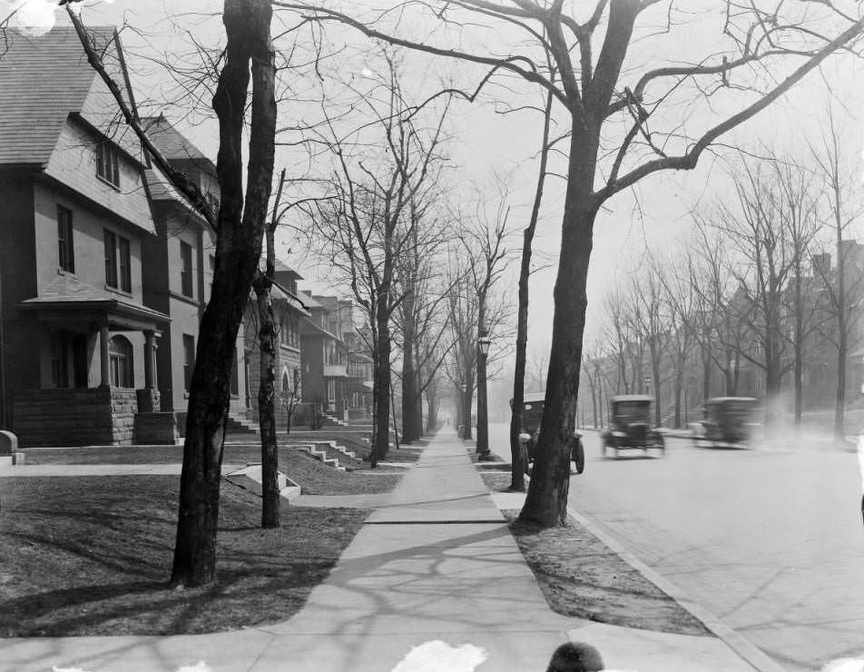 View of Washington Ave. from Newstead Ave. Houses on the left are along the north side of the block, 1930