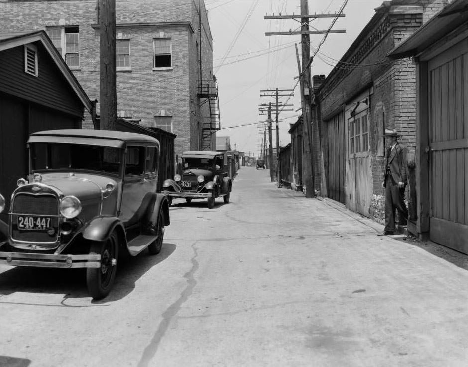 View of the alleyway between South Grand and Grace looking north toward Potomac. IOOF temple at 3502 Grace is visible, 1930