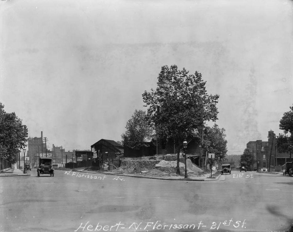 View of the wedge-shaped block created by the convergence of Hebert St., N. Florissant Ave., and 21st St, 1930