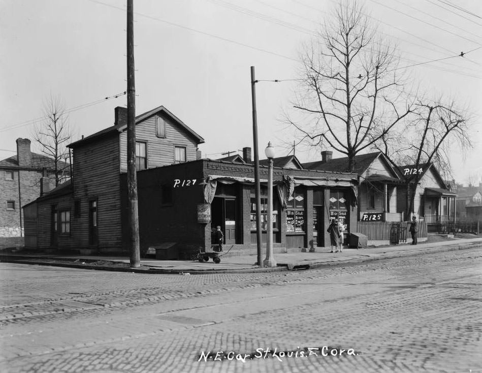 Boy at Joseph Pollard's corner confectionery, 4633 St. Louis Ave. Two women chat next door at Michael Nolan's grocery store at 4631, 1930