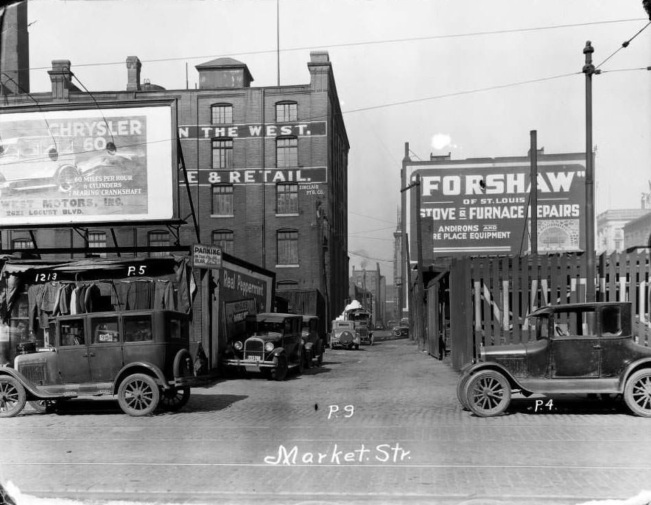 Looking north up the alleyway on the 1200 block of Market Street, across from City Hall, now Poelker Park, 1930