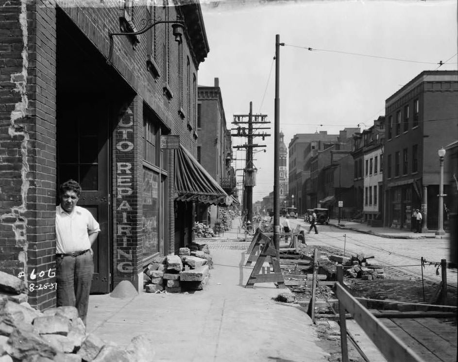 View of Larsson Auto Repair at 931 N. 11th St. & Anton Riggio's Grocery store at 1000 N. 11th St, 1930