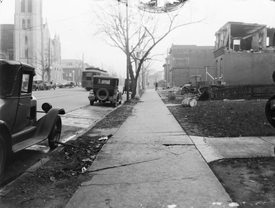 View east down St. Louis Ave. at North Garrison Ave. showing Grace Evangelical Lutheran Church, 1930