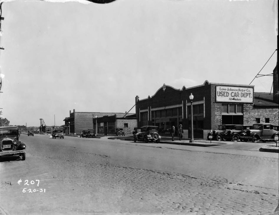 View of Love-Johnson Motor Co. Used Car Dept. building at 5236 Natural Bridge with Warner-Walsh Chevrolet Company building in the distance, 1930