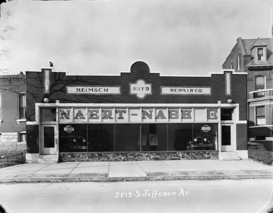 View of Naert-Nash Co. in the Heimsch Auto Repair Co. building on 2819-2323 South Jefferson between Lynch and Pestalozzi, 1930