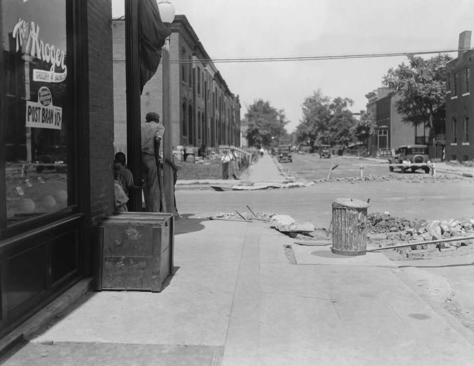Street work near Kroger Market. View west down Cote Brilliante Ave. at the intersection with North Newstead Ave, 1930