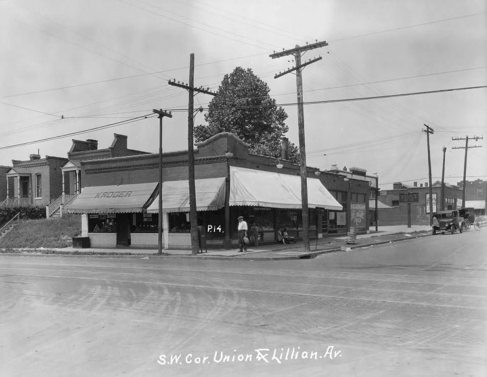 View of Kroger store at 5300 Lillian with sign for Joseph Siegel's dry goods store at 5310 Lilian Avenue in the shot, 1930
