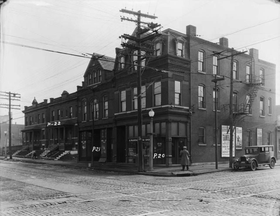 View of St. Louis Avenue at Spring where Anton Paintner operated a bakery at 3648 Spring, 1930
