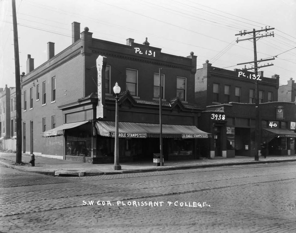 Two-story storefronts at the 3900 block of West Florissant at College Avenue. Kling and Katch Men's Furnishings at 3934-3936. Florissant Leader, Ready to Wear Clothing at the corner, 1930