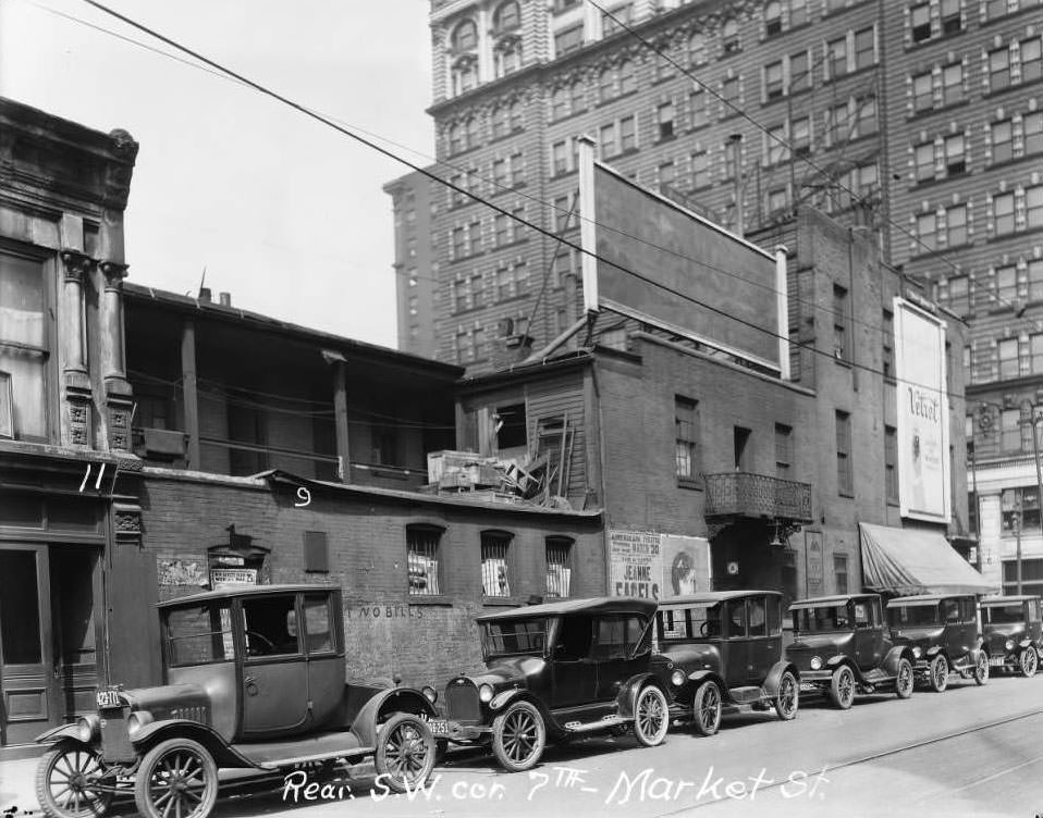 Exterior view of buildings and parked automobiles at the rear southwest corner of 7th and Market Street, 1930
