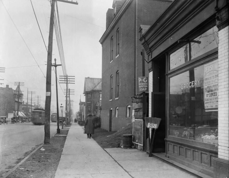 View east down Easton Ave. from in front of 5438 Easton Ave. Location of Harry Duel’s Grocery, 1930