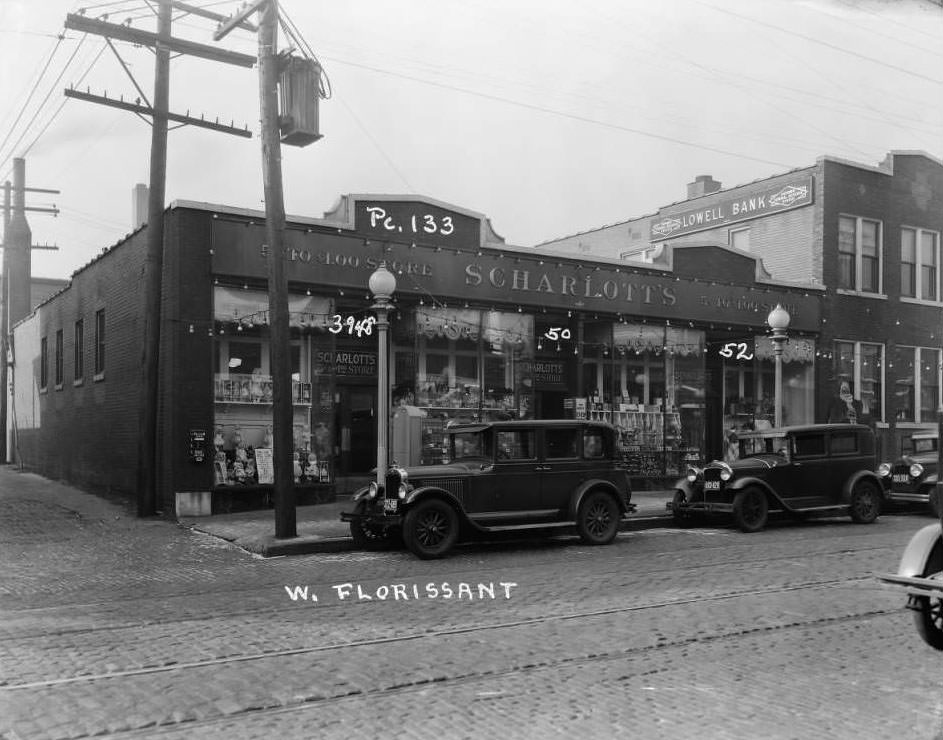 Scharlott's 5 cents to 1 dollar store at 3948-3952 West Florissant. Next to Lowell Bank, 1930