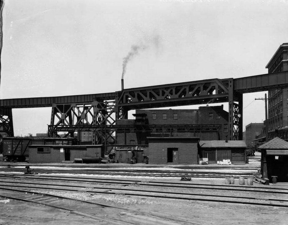 View of railyard building and trestle. Near Chouteau Ave, 1930