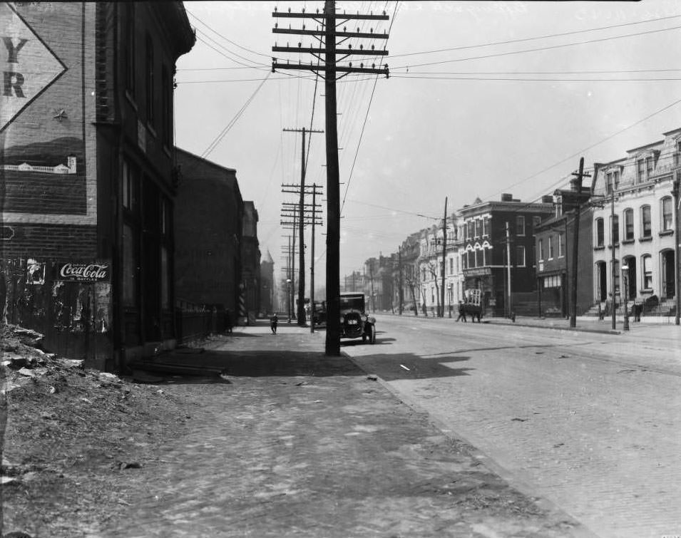 View of Cass Avenue near Leffingwell and Elliot. F.H. Portmann Storage Company visible on right, 1930