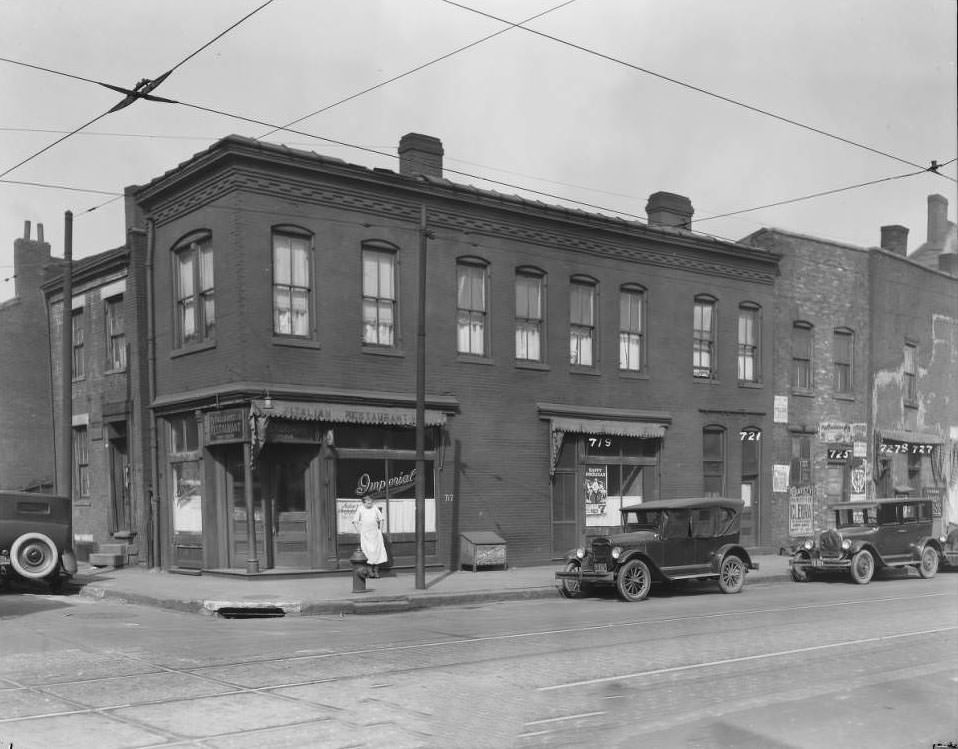 View of northwest corner of High Street, home to the Imperial Restaurant at 717-727, 1930