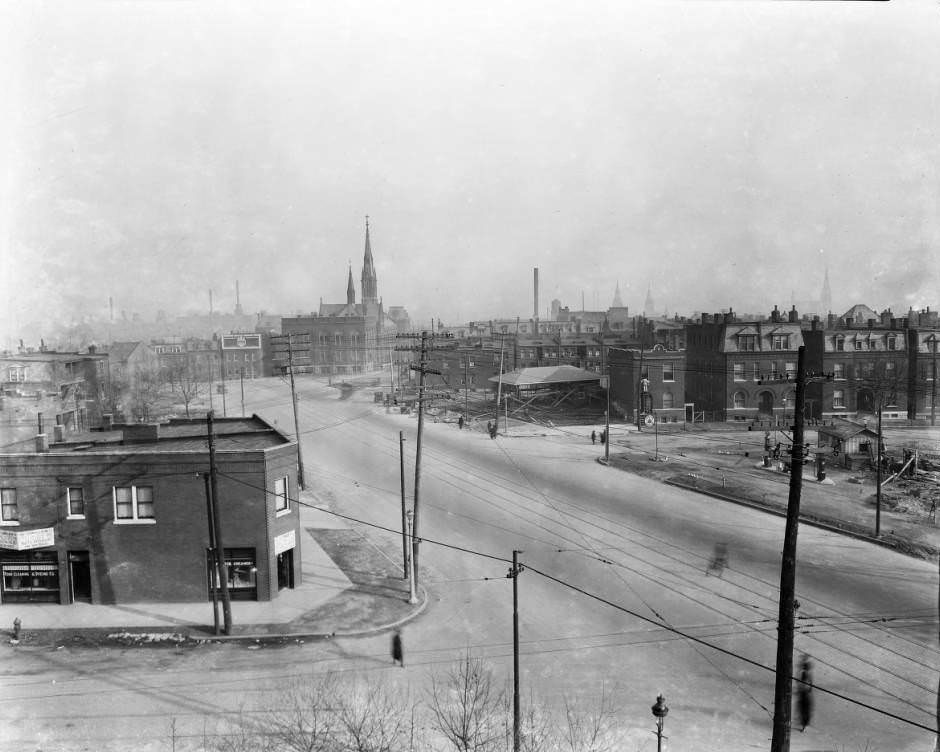 View of Lafayette Avenue looking east, with St. John Nepomuk Chapel visible in the background, 1930