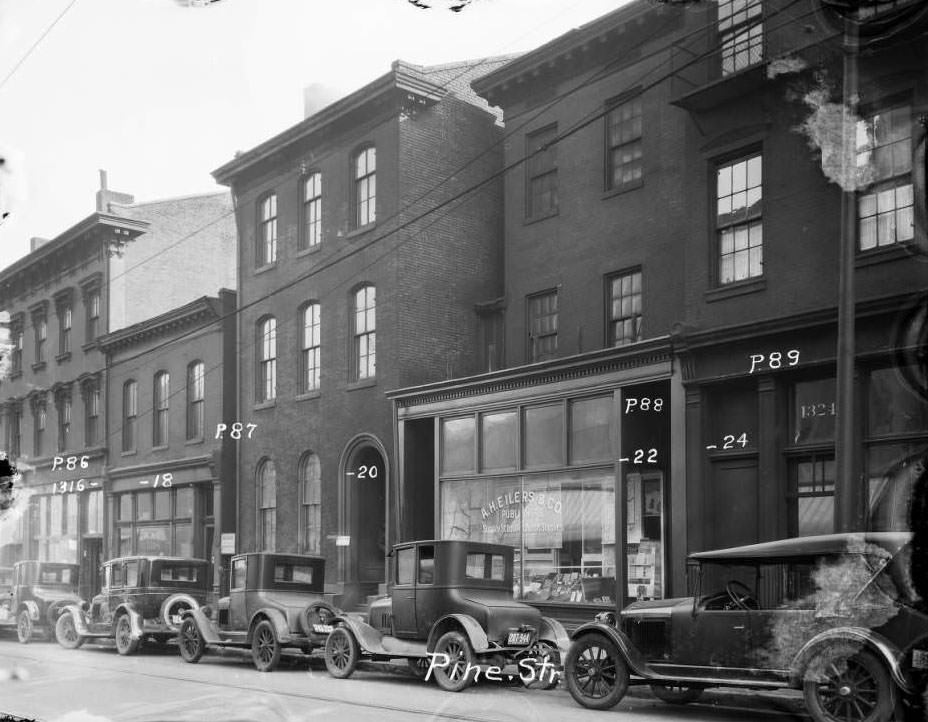 View of several buildings on the south side of the 1300 block of Pine Street, 1931