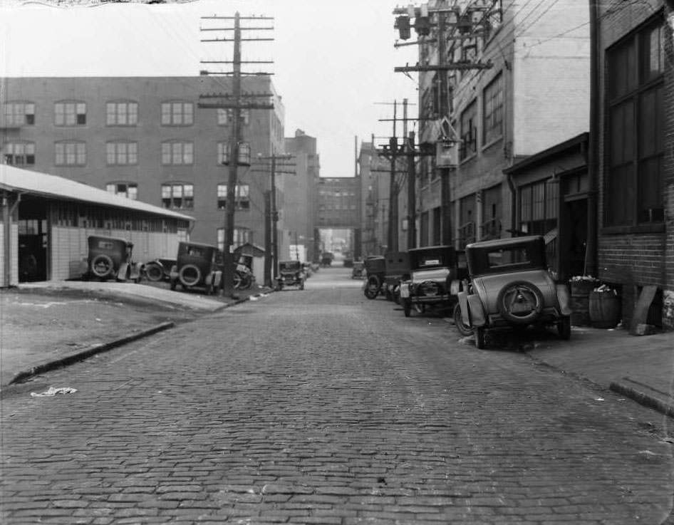 View of St. Charles Street near N. 22nd St., with the Carradine Hat Co. and the walkway above the street connecting the Emerson Electric Mfg. Co. and Curlee Clothing Co. visible, 1931