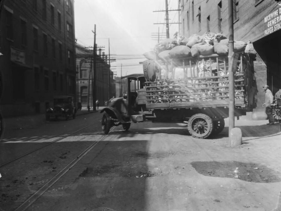View looking west on Carr Street at the intersection with North Seventh Street, with General Paper Stock Co. and V. Viviano & Bros. Macaroni Factory visible, 1931