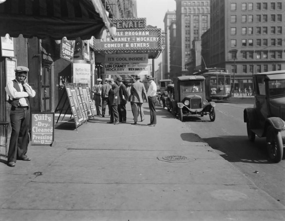 View of the 700 block of North Broadway, including the Senate Theatre, 1931