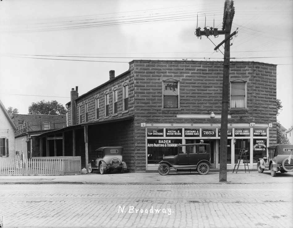 Exterior view of Baden Auto Painting and Trimming at 7853 North Broadway, 1931