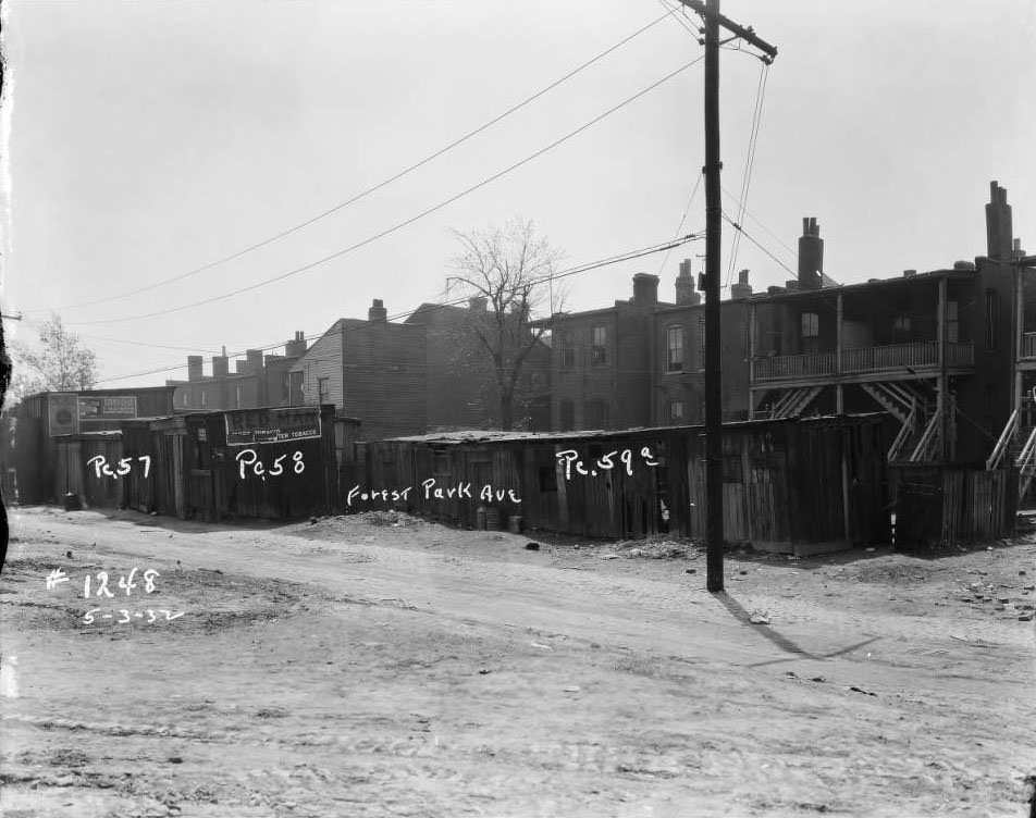 Alley behind Clark Ave., view of brick dwellings and alley, Forest Park Ave. extension, 1932.