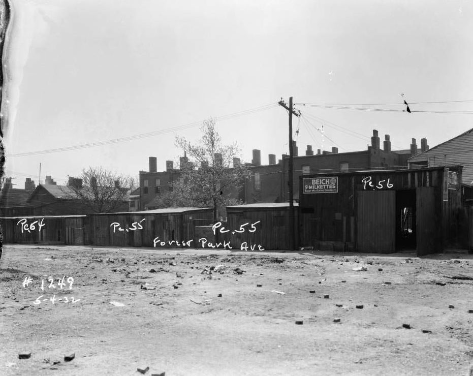 Rear views of brick dwellings and alley on Forest Park Ave. extension, 1932.