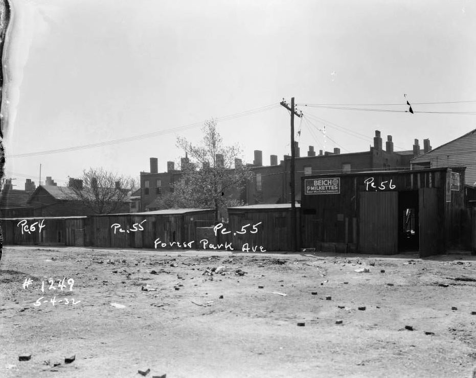 Rear views of brick dwellings and alley on Forest Park Ave. extension, 1932.