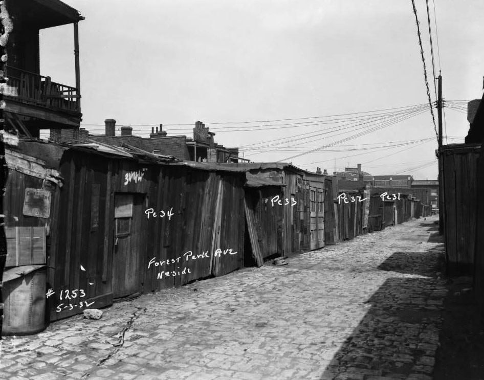 View of sheds and garages on Forest Park Ave. alley, north side, 1932.