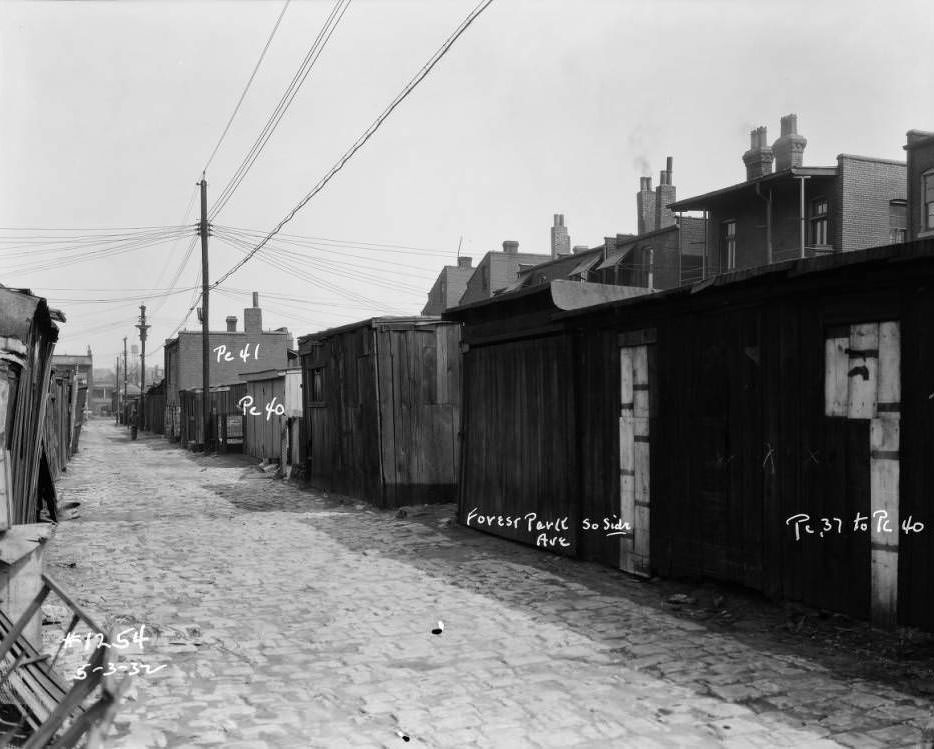 View of sheds and garages on Forest Park Ave. alley, south side, 1932.