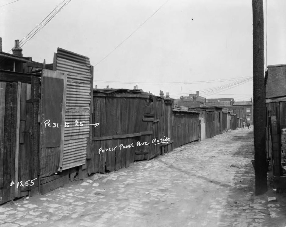 View of sheds and garages on Forest Park Ave. alley, north side, 1932.