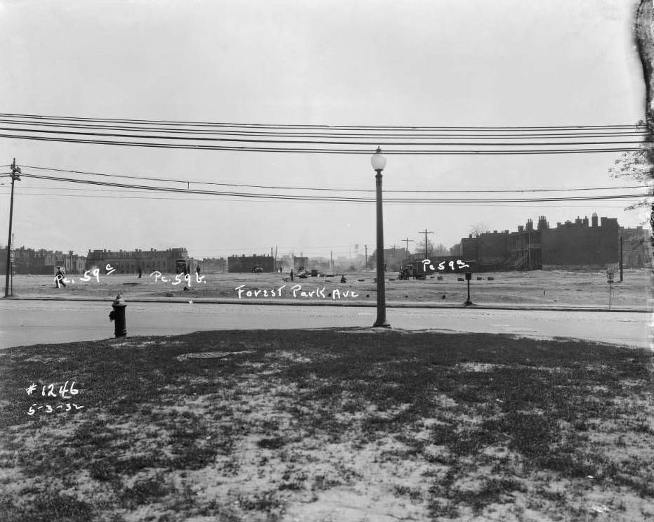 Extension of Forest Park Ave. with rear views of brick dwellings, Handlan Park, South Grand Ave., 1932.