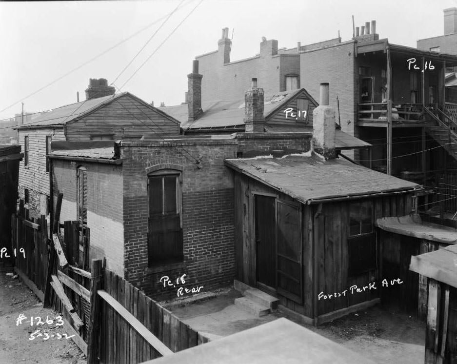 Rear views of brick dwellings on Forest Park Ave. from Pc. 16-19, 1932.