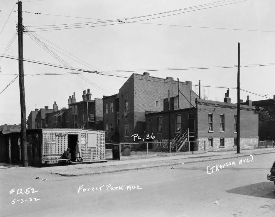 View from rear of buildings near Forest Park Ave. and Theresa, with women selling barbecue hot dogs, 1932.