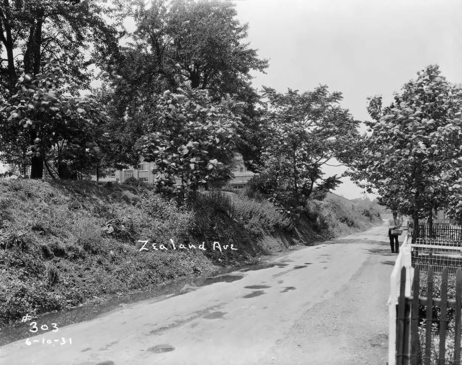 Mount Grace Convent & Chapel on East Warne Avenue, partial view of chapel on left and man walking along Zealand Street, 1931