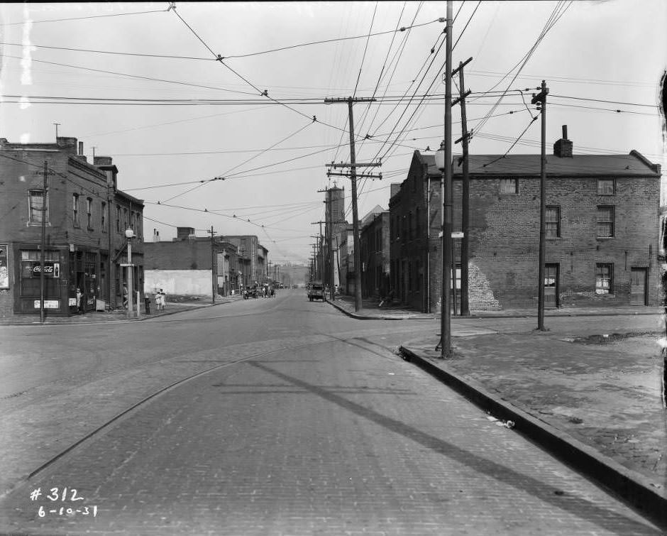 Intersection of 15th and O'Fallon, view of intersection with St. Louis Paper Stock Co. and St. Lawrence O'Toole church visible, 1931