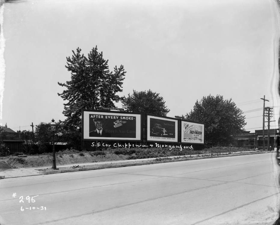 Three street billboards at S.E. Cor. Chippewa & Morganford, including General Motors automobiles and Beech Nut Gum, 1931