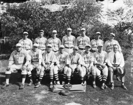 View of Free Wheeling baseball team jerseys reading Freewheeling Studebaker and Hupmobile and Bussen Quarries, 1930