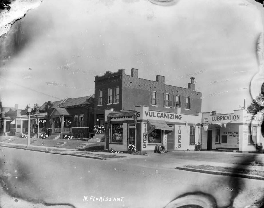 Residences and automotive repair shop on 4200 North Florissant looking north from approximately Penrose, 1930