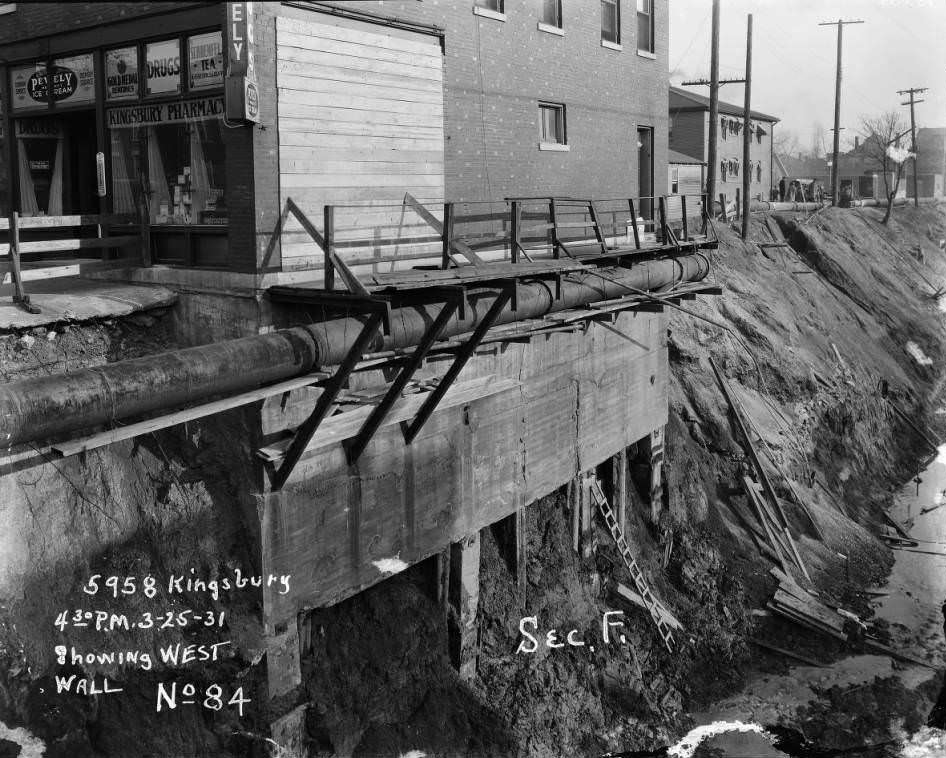 Sewer work adjacent to Kingsbury Pharmacy at 5958 Kingsbury in University City just before collapse, 1931