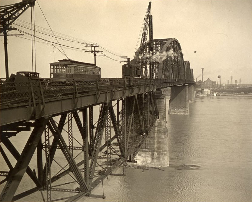 Trains travel across the McKinley Bridge in 1931.