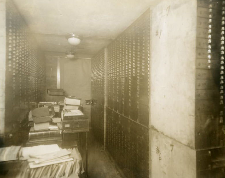 Interior shot of the Grand National Bank's vault in 1931.