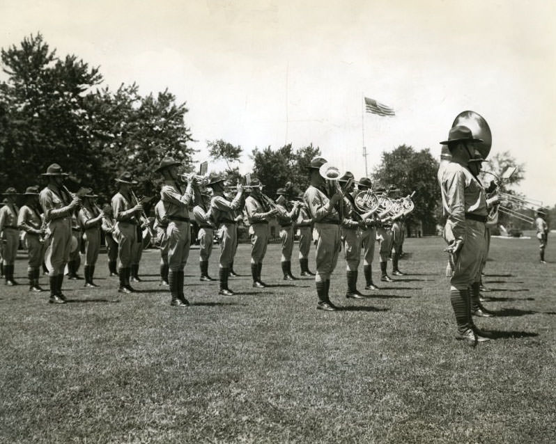 Guard change ceremony with band playing at Jefferson Barracks in 1937.