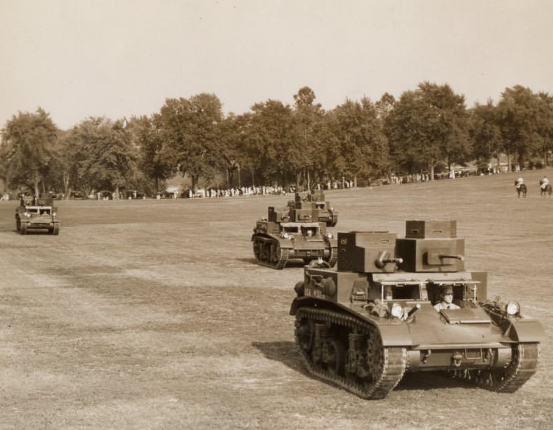 Sixth Infantry passes in review in front of Col. Joseph A. Atkins at Jefferson Barracks in 1937.