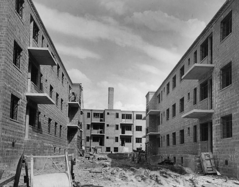 Exterior of Neighborhood Gardens Apartments nearing completion in 1930.